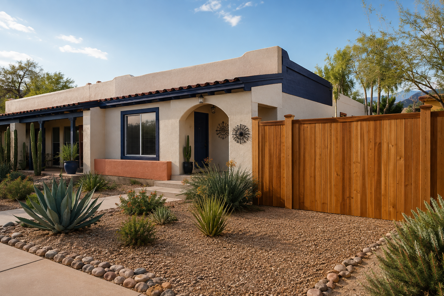 Freshly painted Tucson home exterior with a finished wooden fence