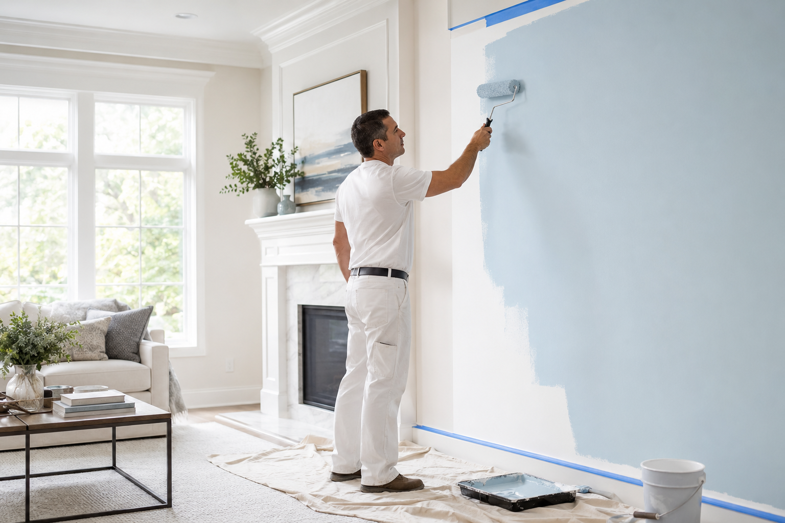 Professional painter applying a soft blue finish to an interior wall